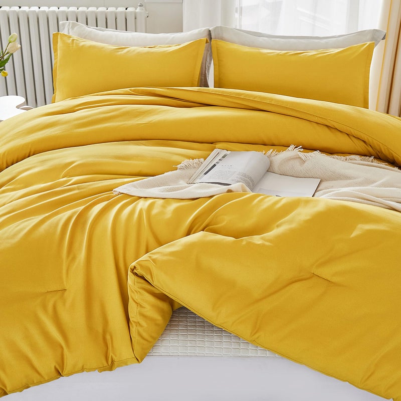 Litanika Litanika Mustard Yellow Comforter Set California King Size  3 Pieces Cal King Lightweight Solid Bedding Comforter Set  All Season Fluffy Bed Set (104x96In Comforter & 2 Pillowcases)  - Image 3