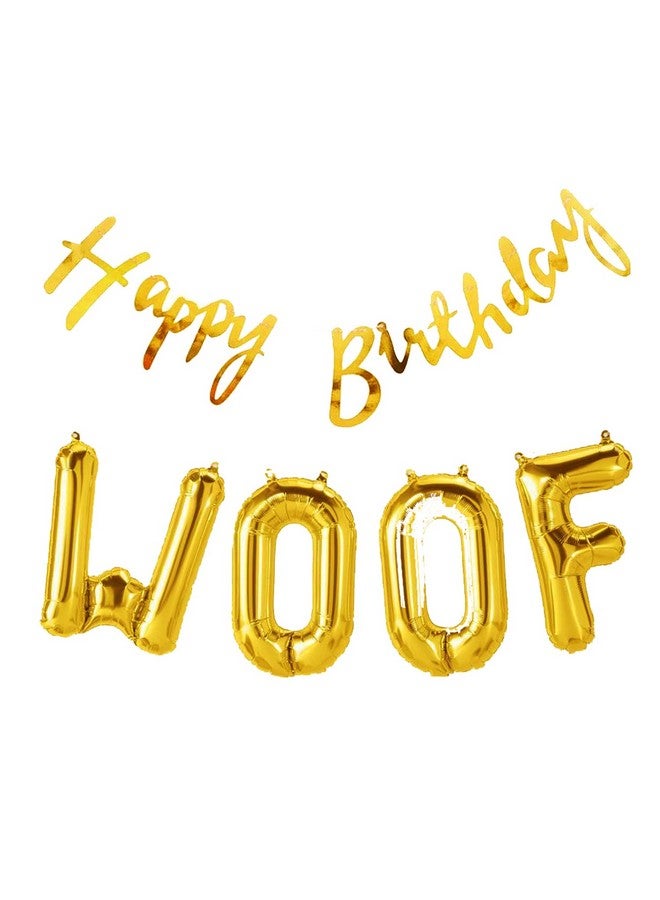 Propsicle Dog Happy Birthday Golden Cursive Banner and Woof Foil Letter Balloon Puppy Birthday Theme Balloon Decoration Party Banner - Pack of 5 - Image 1