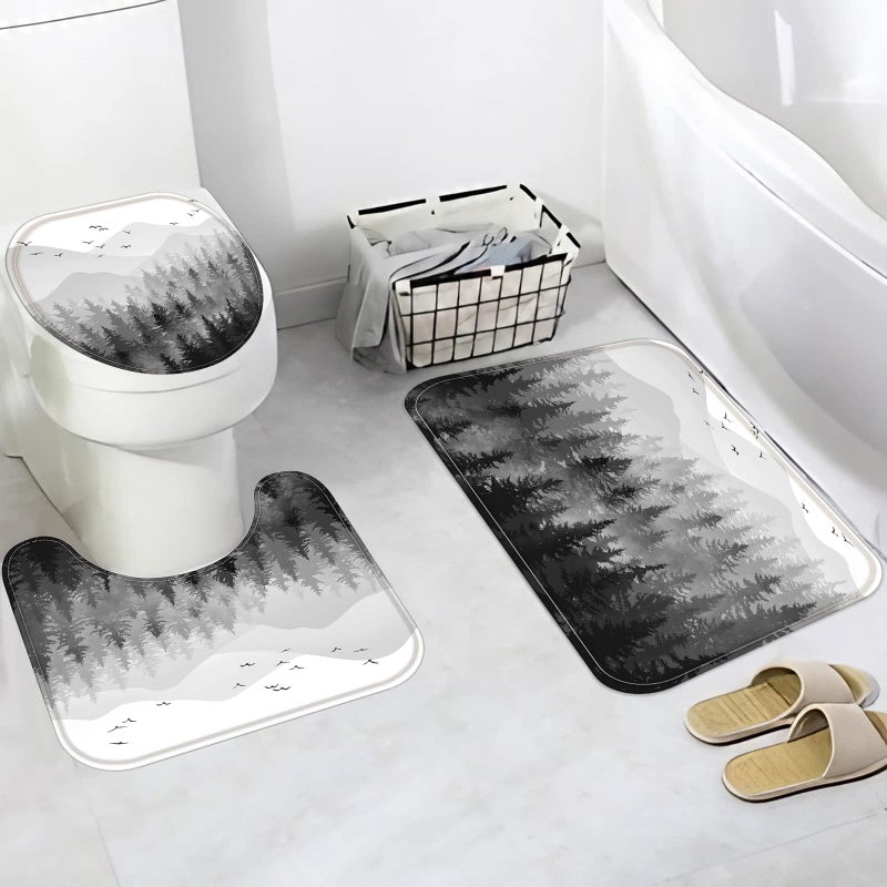Fungarth 4 Pcs Black White Misty Forest Shower Curtain Set with Rug Mountain Bathroom Sets with Waterproof Fabric Shower Curtain and Non-Slip Rugs Toilet Lid Cover Bath Mat Decor with Hooks (Black) - Image 3