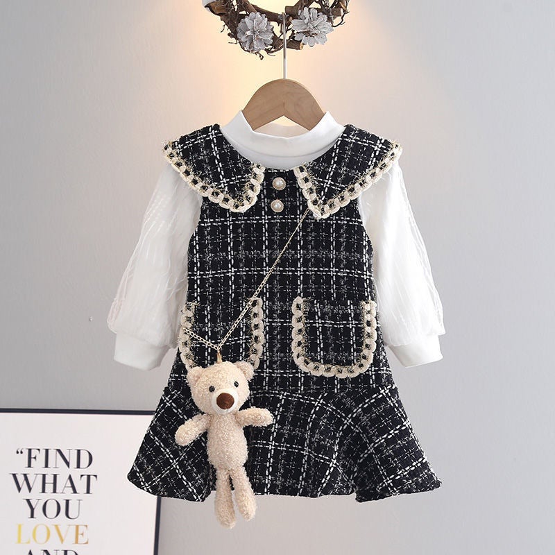 Girls Chanel style suit 2023 autumn Korean style long sleeve dress baby bear vest skirt childrens clothing two-piece set Black