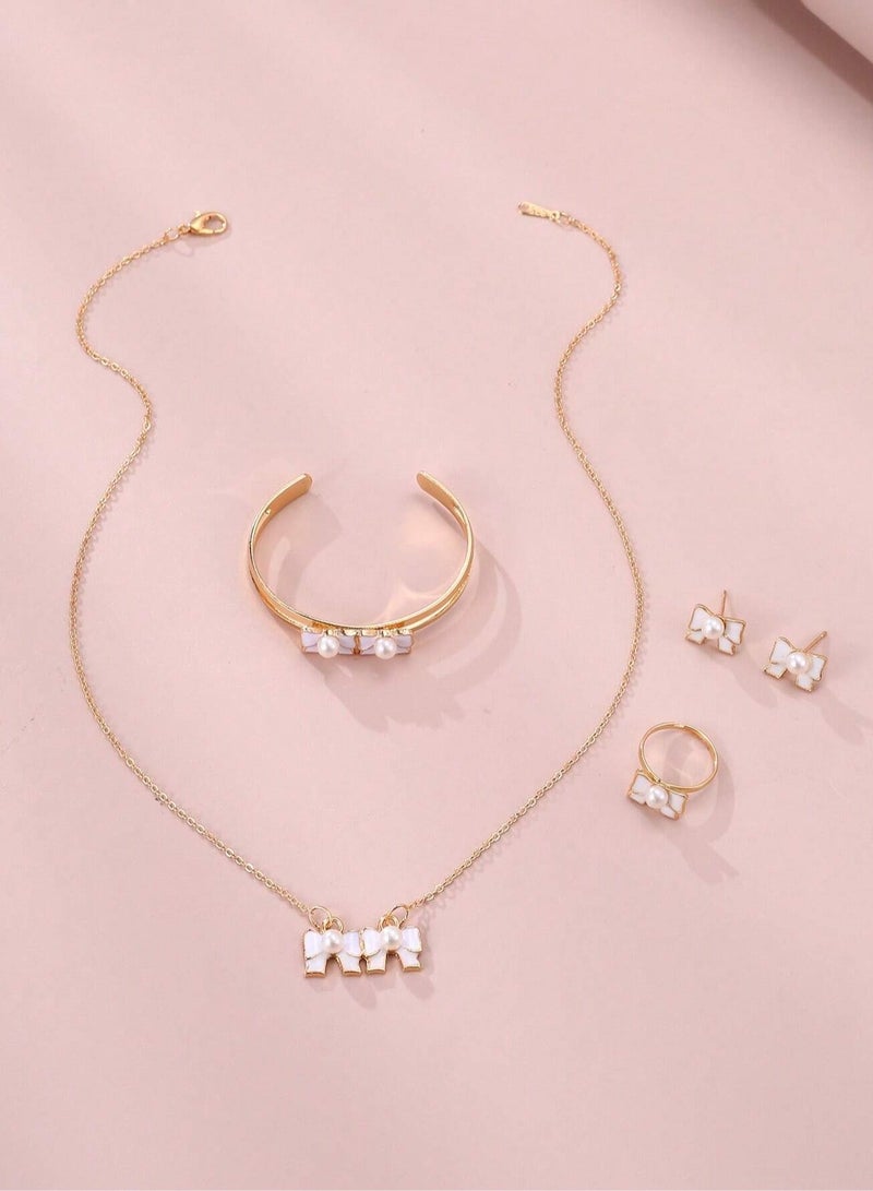 Girls' Accessory Set – A 4-piece set that includes earrings, a ring, a necklace, and a bracelet in gold and white color  Perfect as a birthday gift for girls, graduation present, or for any special occasion.  - Image 1