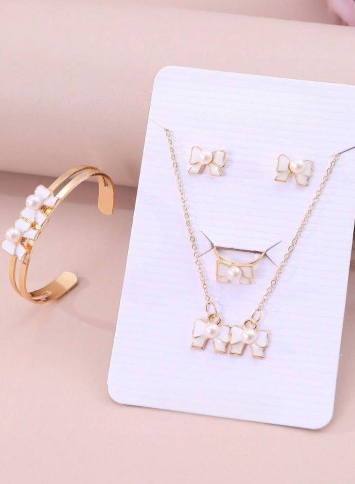 Girls' Accessory Set – A 4-piece set that includes earrings, a ring, a necklace, and a bracelet in gold and white color  Perfect as a birthday gift for girls, graduation present, or for any special occasion.  - Image 2