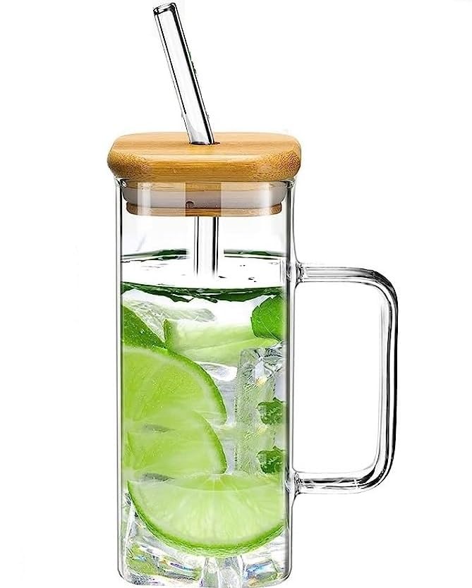 Zephorus Glass Tumbler with Colored Handle 400ml Coffee Sipper with Wooden Lid and Glass Straw Iced Tea Mug Clear Drinking Cup for Juice Milk Smoothie Beer Sipper with Straw Pack of 2 - Image 2