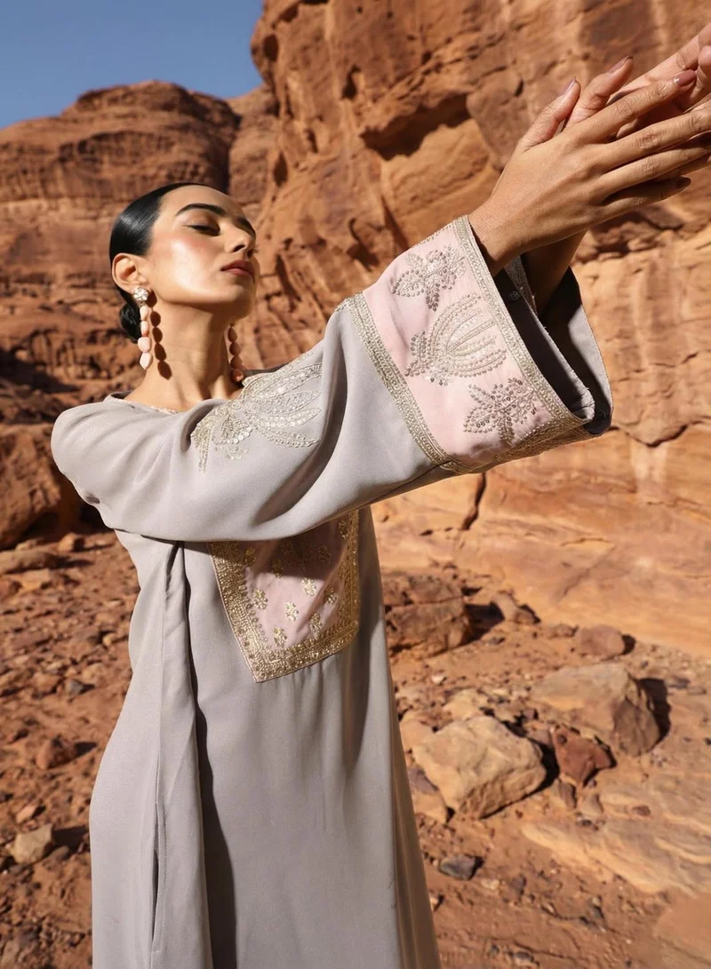 ISHIN Grey Zari Embroidered Colourblock Abaya