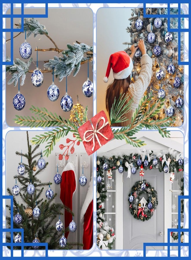 Poen 12 Pcs Chinoiserie Porcelain Ornaments Chinoiserie Decorations Plastic Blue White Ball Ornaments with Ribbon for Small Tree, Not Porcelain (2.36 Inch) - Image 5