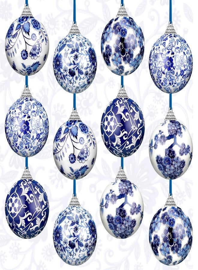 Poen 12 Pcs Chinoiserie Porcelain Ornaments Chinoiserie Decorations Plastic Blue White Ball Ornaments with Ribbon for Small Tree, Not Porcelain (2.36 Inch) - Image 1