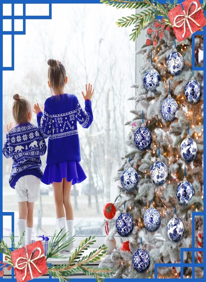 Poen 12 Pcs Chinoiserie Porcelain Ornaments Chinoiserie Decorations Plastic Blue White Ball Ornaments with Ribbon for Small Tree, Not Porcelain (2.36 Inch) - Image 2