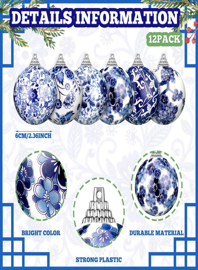 Poen 12 Pcs Chinoiserie Porcelain Ornaments Chinoiserie Decorations Plastic Blue White Ball Ornaments with Ribbon for Small Tree, Not Porcelain (2.36 Inch) - Image 3