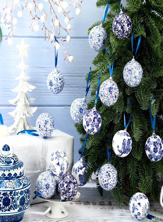 Poen 12 Pcs Chinoiserie Porcelain Ornaments Chinoiserie Decorations Plastic Blue White Ball Ornaments with Ribbon for Small Tree, Not Porcelain (2.36 Inch) - Image 4