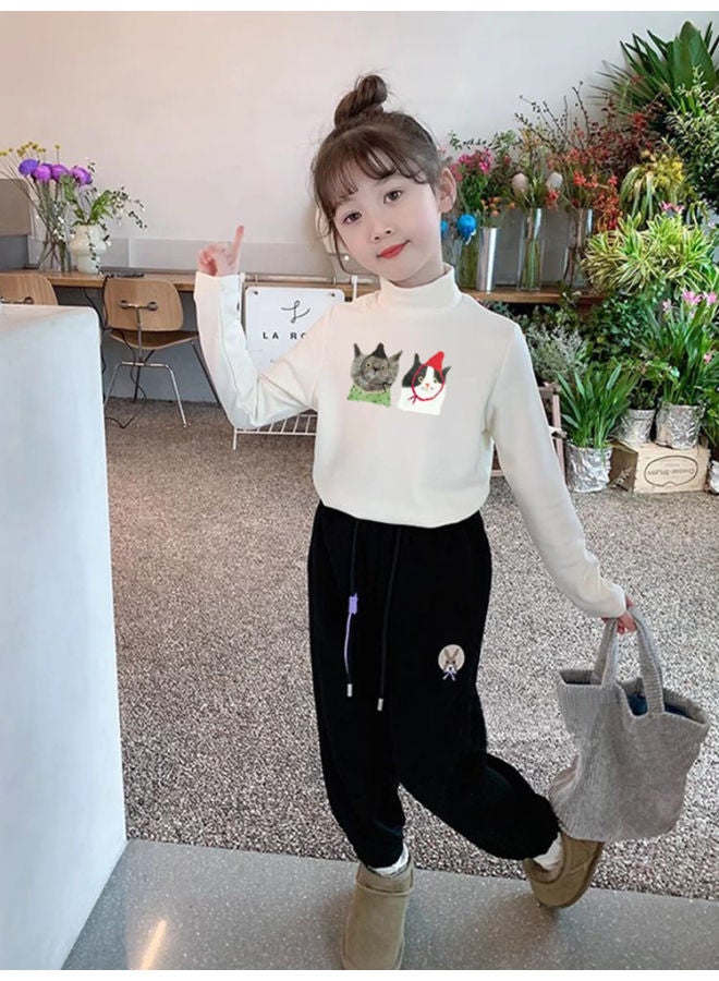 Girls' Clothing Velvet Bottoming Shirt With Autumn And Winter Warm Half Turtleneck Long-sleeved Medium And Large Kidsren's Korean Style White Top Trbottomy - Image 3
