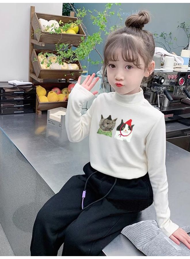 Girls' Clothing Velvet Bottoming Shirt With Autumn And Winter Warm Half Turtleneck Long-sleeved Medium And Large Kidsren's Korean Style White Top Trbottomy - Image 2