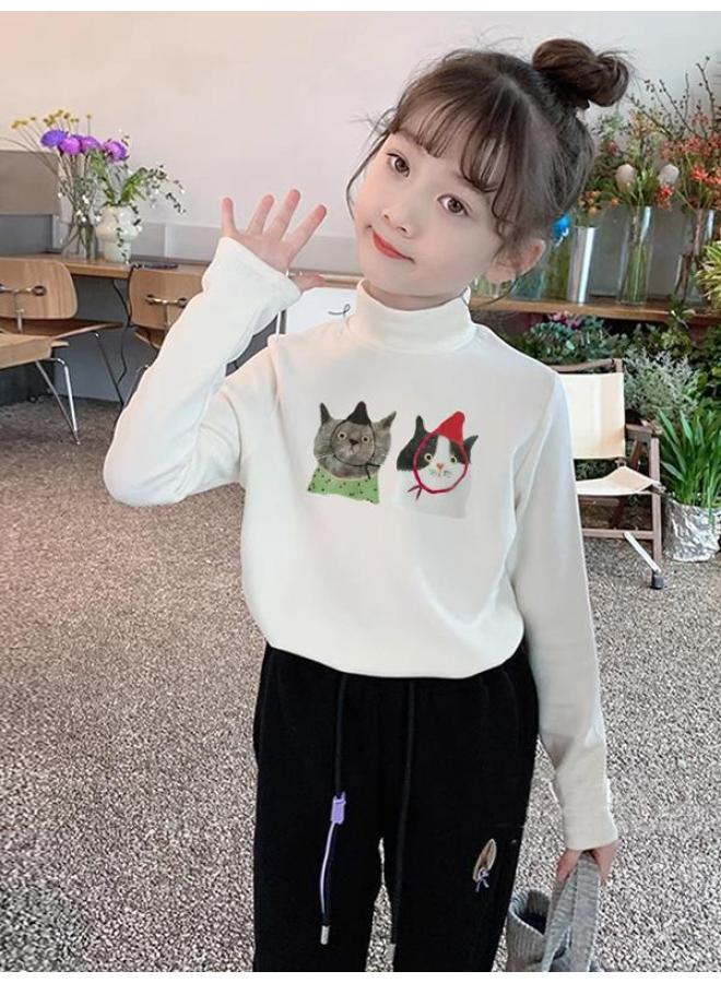 Girls' Clothing Velvet Bottoming Shirt With Autumn And Winter Warm Half Turtleneck Long-sleeved Medium And Large Kidsren's Korean Style White Top Trbottomy - Image 4