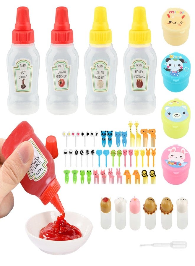 CALIDAKA 55Pcs Kids Bento Box Accessories Including Animal Food Picks Mini Condiment Bottles Ketchup Squeeze Bottle,Salad Dressing Container for Camping Kids Box Accessories - Image 1
