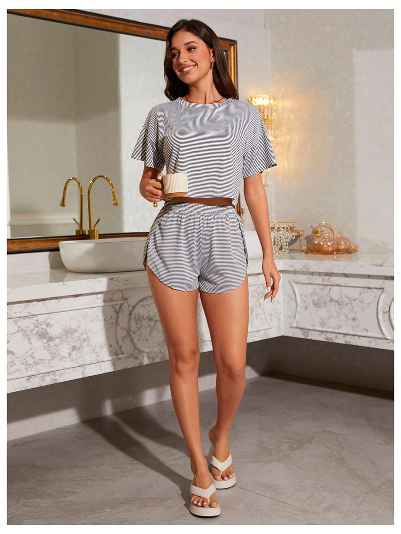 OYOANGLE Women's 2 Piece Summer Pajama Set Cute Pj Sets Striped Print Short Sleeve Tee and Side Split Shorts Set Black Small - Image 5