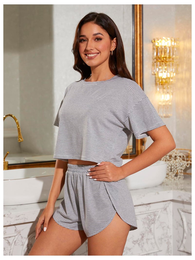 OYOANGLE Women's 2 Piece Summer Pajama Set Cute Pj Sets Striped Print Short Sleeve Tee and Side Split Shorts Set Black Small - Image 3