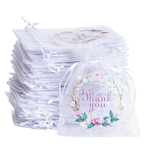 Bskifnn 50 Pcs Organza Bags Thank You Printed Satin Drawstring Organza Pouch Candy Bags Wedding Party Favor Gift Bag Jewelry Pouch White 448 Inch - Image 2