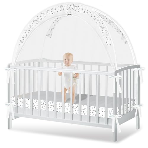 Zkaitoy Crib Tent to Keep Baby from Climbing Out - Crib Net to Keep Baby in - Pop Up Breathable Cribs Cover - Canopy with Upgrade Strong Mesh and Durable Zipper (White-Star and Moon, Lager) - Image 1
