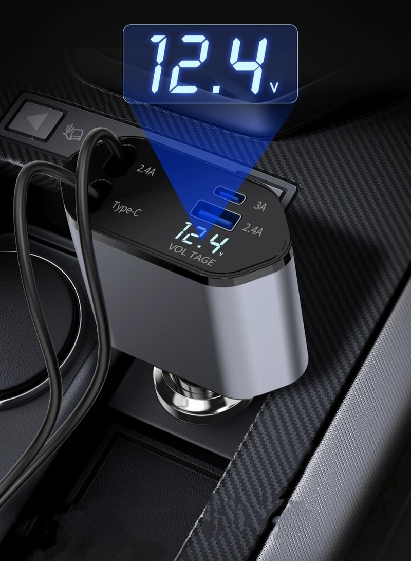 DP + ultra-fast digital display charger, retractable cable car charger, DP ultra-fast charging 4-in-1 car charging power adapter (DP compatible with Apple), C-type car USB charging plug. Suitable for various smartphones and electronic devices.  - Image 2