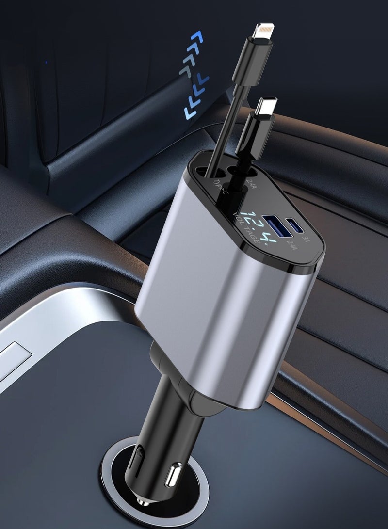 DP + ultra-fast digital display charger, retractable cable car charger, DP ultra-fast charging 4-in-1 car charging power adapter (DP compatible with Apple), C-type car USB charging plug. Suitable for various smartphones and electronic devices.  - Image 1