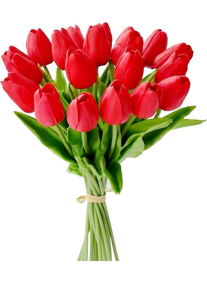 Mandy's Artificial Tulips 20 Stems Red PU Faux Flowers for Thanksgiving and Christmas Decorations Wedding Home Decor 13.5 Inch - Image 3