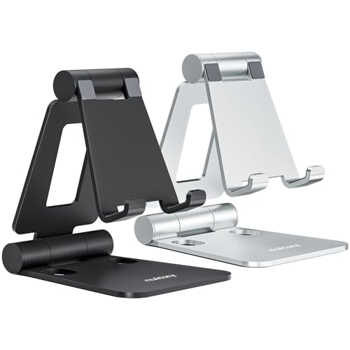 Nulaxy 2 Pack Dual Folding Cell Phone Stand, Fully Adjustable Foldable Desktop Phone Holder Cradle Dock Compatible with iPhone 17 16 15 14 13 12 11 Pro Max Xs Xr X 8, All Phones, Black & Silver - Image 1