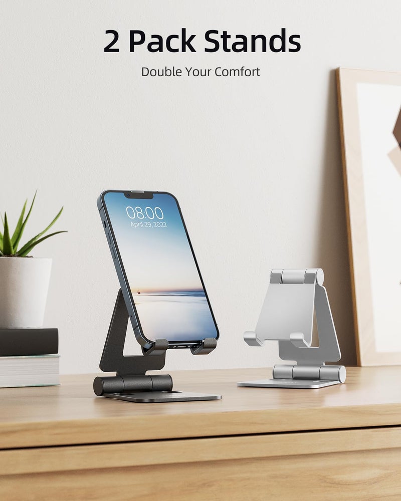 Nulaxy 2 Pack Dual Folding Cell Phone Stand, Fully Adjustable Foldable Desktop Phone Holder Cradle Dock Compatible with iPhone 17 16 15 14 13 12 11 Pro Max Xs Xr X 8, All Phones, Black & Silver - Image 2
