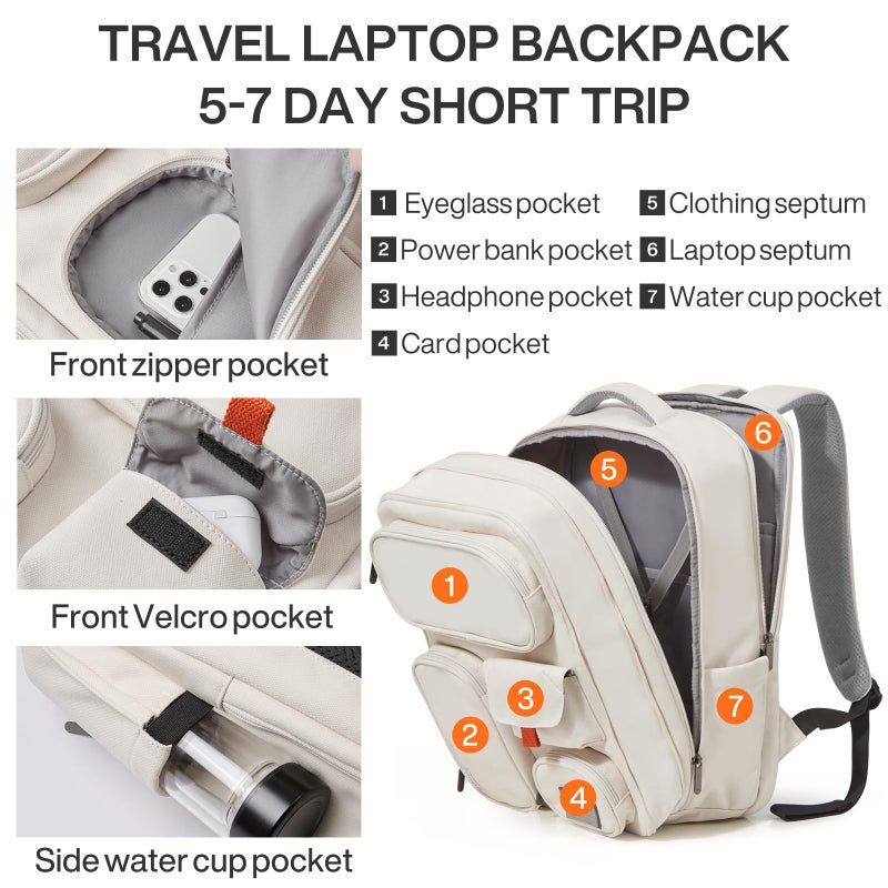 mixi Large Capacity Expandable Travel Backpack for Women & Men 15.6'' Laptop Carry On Weekender Bag Outdoor Hiking with Multifunction Pockets 180Â° Open Water Resistant 18 Inch 28L, Moonlight White - Image 3
