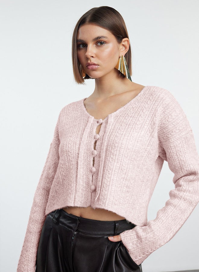 trendyol Pink Button Detailed Soft Textured Lacing Detailed Knitwear Cardigan - Image 1