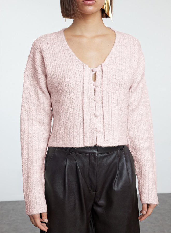 trendyol Pink Button Detailed Soft Textured Lacing Detailed Knitwear Cardigan - Image 3