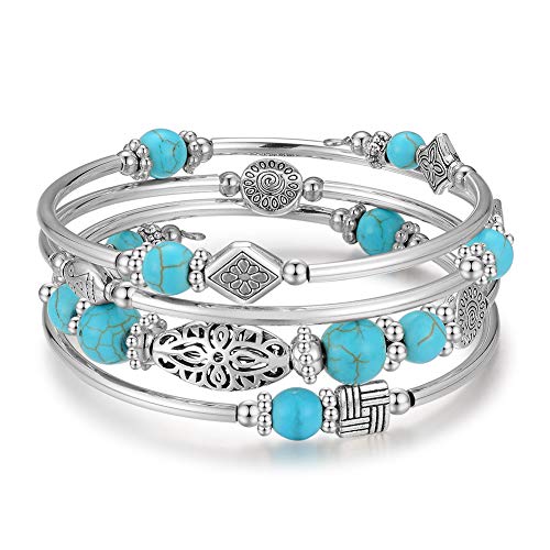 BULINLIN Layered Wrap Bangle Turquoise Bracelet - Bead Bracelet with Natural Agate Stone, Gifts For Women (01-Turquoise) - Image 1