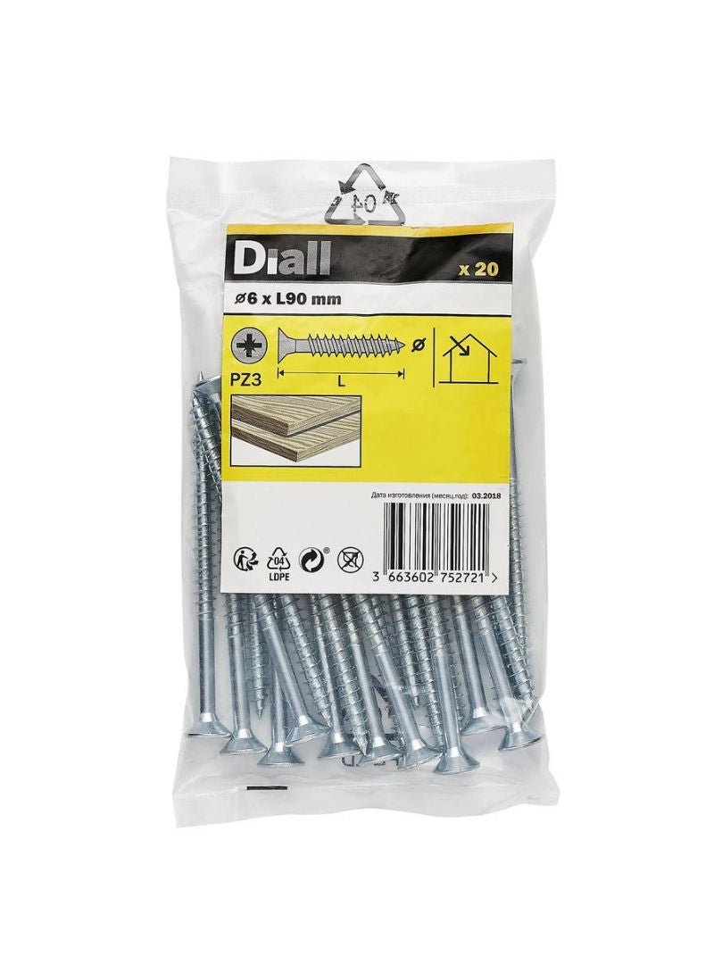 ACE Diall Zinc-Plated Carbon Steel Wood Screw Pack 6 x 90mm 20Pcs