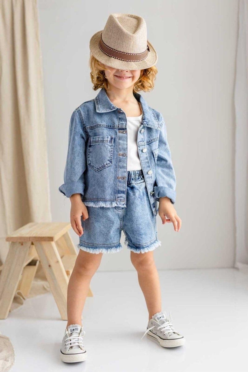 Oliven The Kid Light Blue Elastic Waistband Mohair Ended Unisex Denim Shorts - Image 1