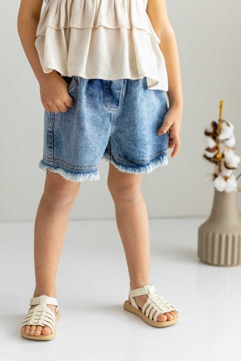 Oliven The Kid Light Blue Elastic Waistband Mohair Ended Unisex Denim Shorts - Image 4