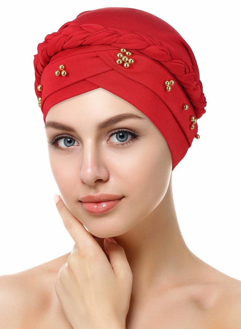 Women Turban Cap Beaded Headscarf Beanie Twisted Braid Wrap Hat Faux Pearl Headwrap, 4 Pieces - Image 2