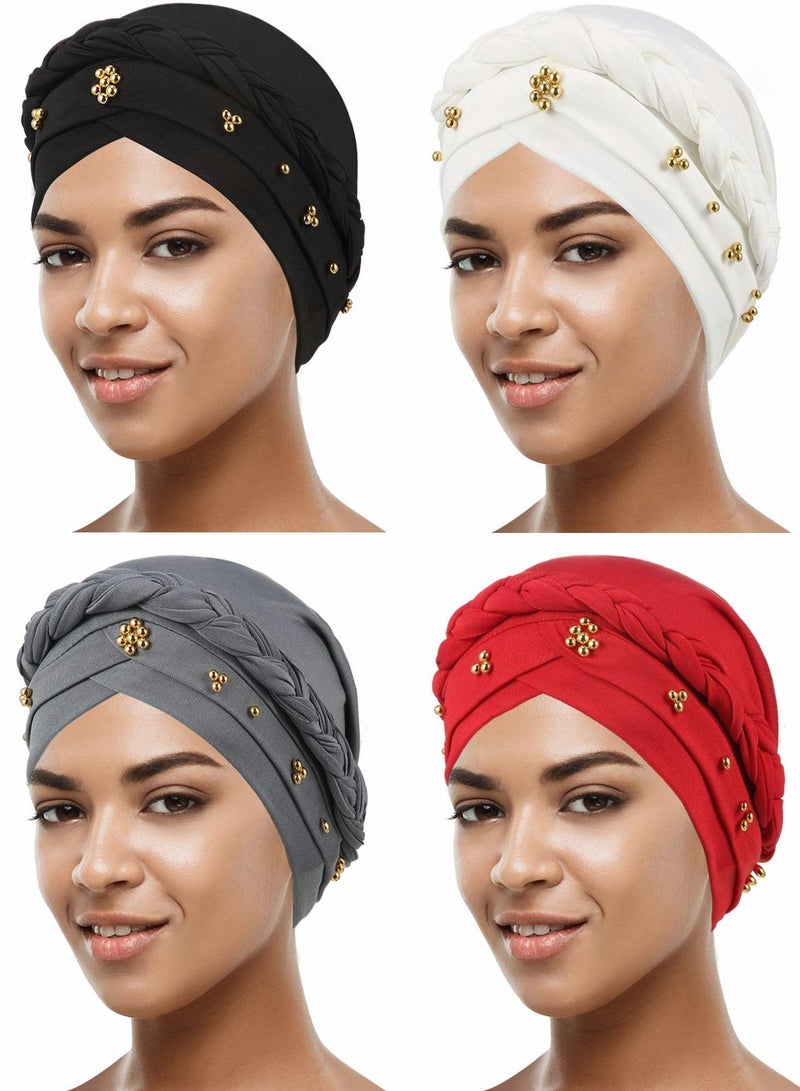Women Turban Cap Beaded Headscarf Beanie Twisted Braid Wrap Hat Faux Pearl Headwrap, 4 Pieces - Image 1