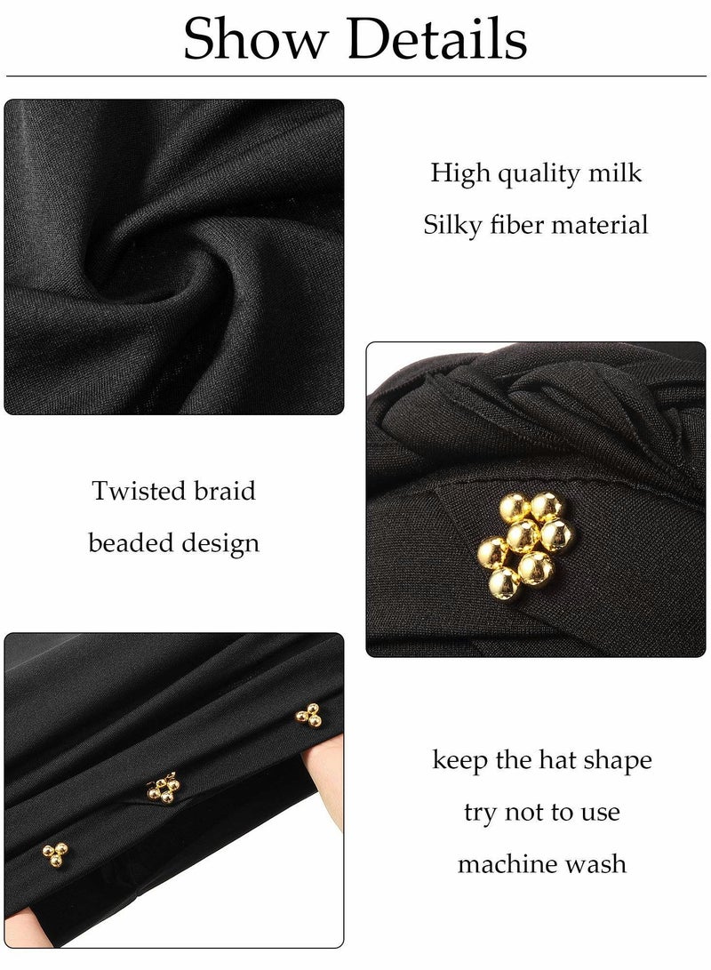 Women Turban Cap Beaded Headscarf Beanie Twisted Braid Wrap Hat Faux Pearl Headwrap, 4 Pieces - Image 3