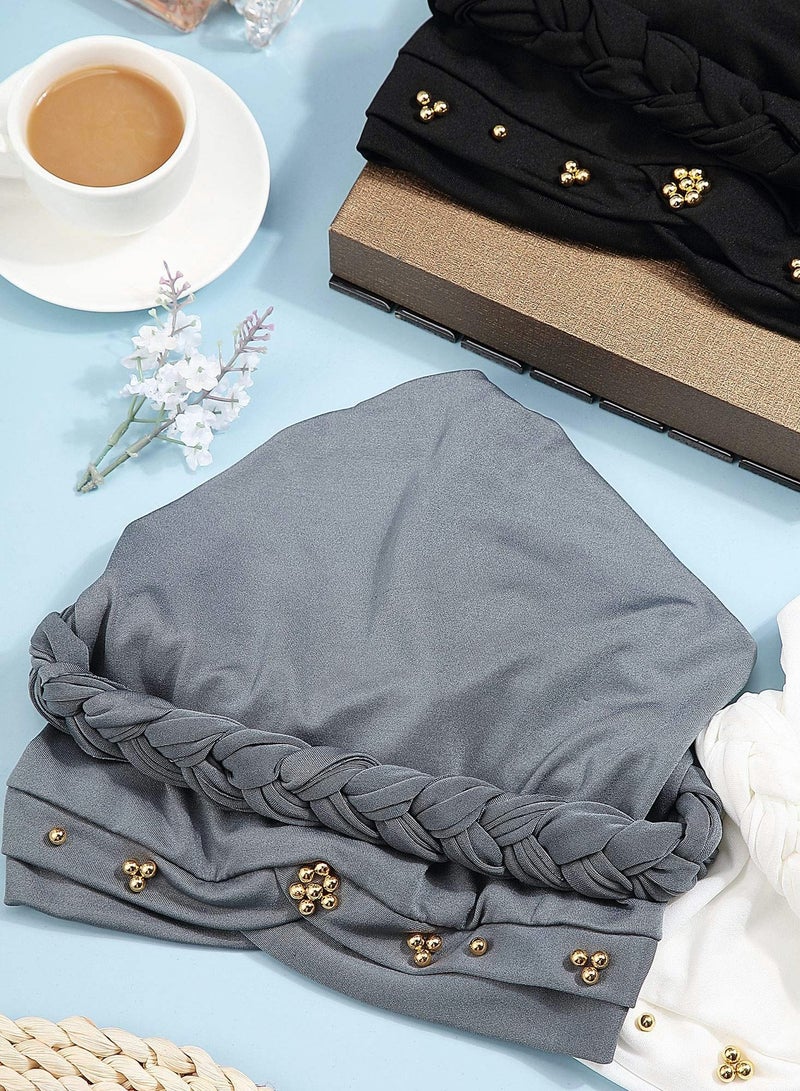 Women Turban Cap Beaded Headscarf Beanie Twisted Braid Wrap Hat Faux Pearl Headwrap, 4 Pieces - Image 4