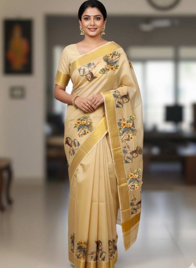 A.M Kerala Kasavu saree with a golden sari border and a mural print design - Image 1