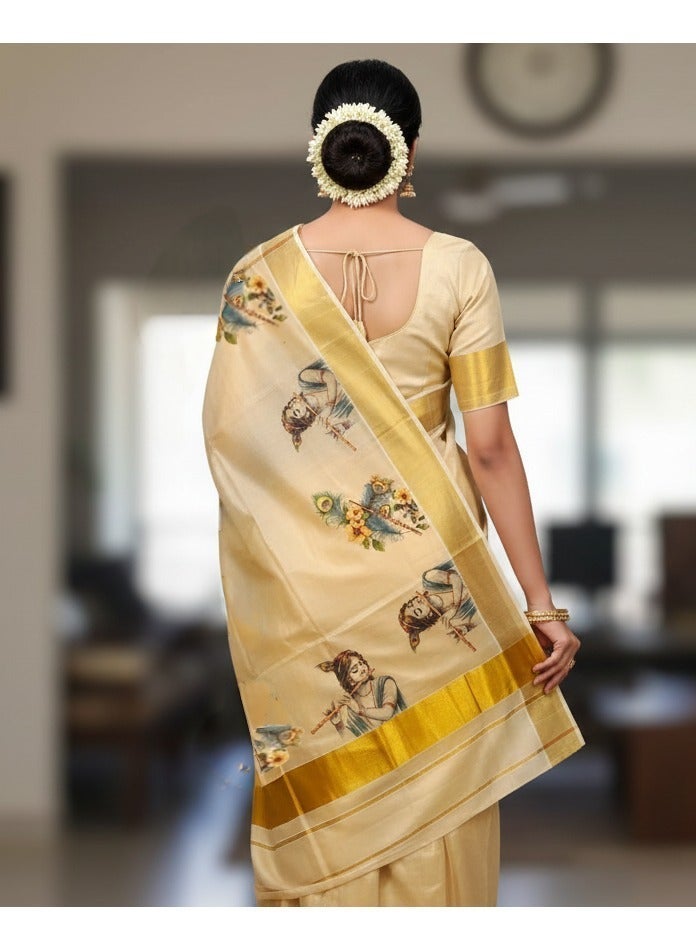 A.M Kerala Kasavu saree with a golden sari border and a mural print design - Image 2