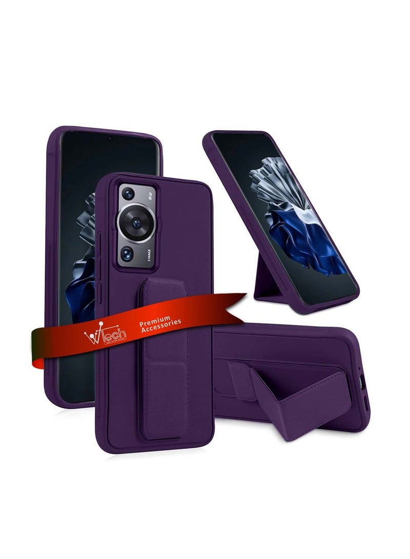 Wtech Huawei P60 Pro 4G 2023 Hand Grip And Multi Stand Magnetic Car Mount Kickstand Case Finger Strap Cover - Eggplant Purple - Image 1