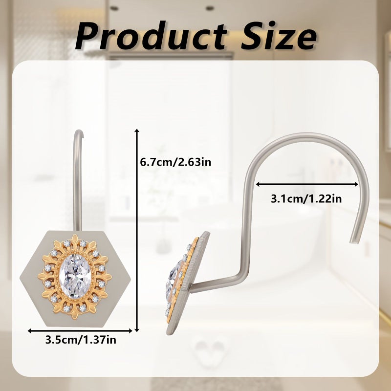 Set Of 12 Heavy Duty White Diamond Black Hook Cast Shower Curtain Rings For Bathroom Bedroom Living Room Decorative Metal Curtain Hooks - Image 3