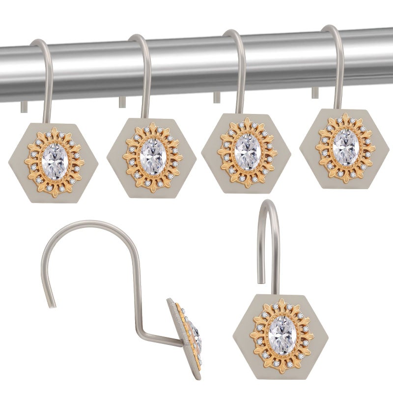 Set Of 12 Heavy Duty White Diamond Black Hook Cast Shower Curtain Rings For Bathroom Bedroom Living Room Decorative Metal Curtain Hooks - Image 1