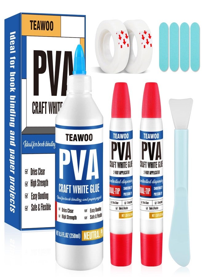 TEAWOO مجموعة لاصق إصلاح وربط الكتب من TEAWOO - 8.5 أونصة + 2×1.35 أونصة لاصق PVA خالي من الحمض - pH محايد، يجف شفاف ومرن للكتب، الحرف، الكولاج والفن الورقي، يستخدم لربط وإصلاح الكتب - Image 1