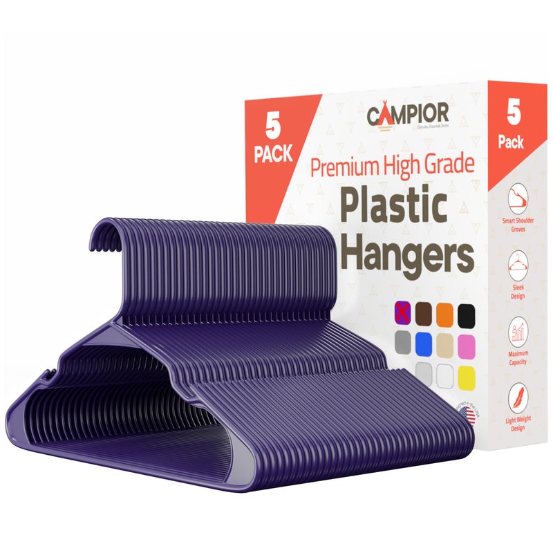 Campior Purple Plastic Hangers 5 Pack- Heavy-Duty Plastic Hangers Slim And Space-Saving Hangers  Durable And Lightweight Hangers With Non-Slip Shoulder Notches For Slip Dresses  Suits  Jackets & Camisoles - Image 1