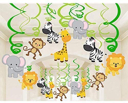 shoro safari animal jungle ceiling hanging swirl decorations cutout festive party supplies for boy and girl -12 pieces- Multi color - Image 1