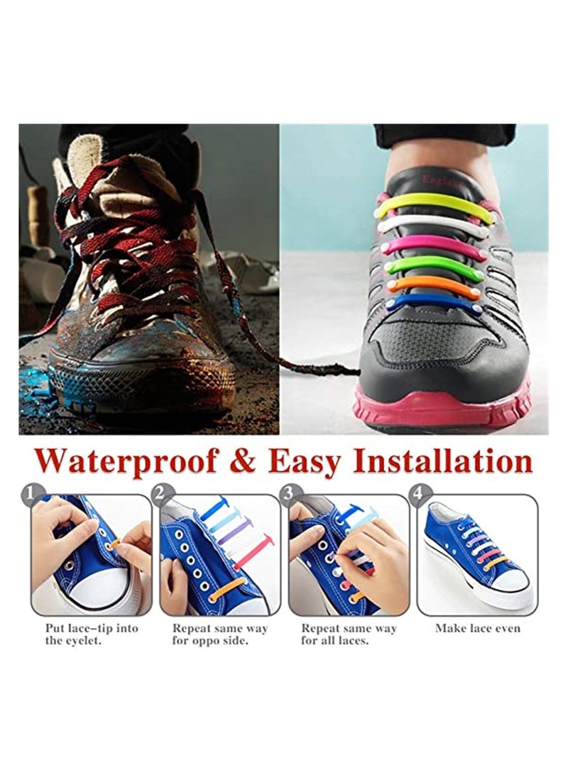 Lazy Tying-Free Elastic Shoelaces 16 Pcs ElasticWaterproof No Tie Shoe Laces for Sneakers Laces Special No Tie Rubber for Kids and Adults Sneakers Running Shoes Boots Board Shoes and Casual Shoes - Image 2