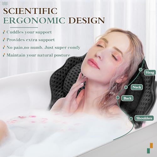 RUVINCE Bath Pillow RUVINCE Ergonomic Luxury Bathtub Pillow with Head,Neck, Shoulder and Back Support, 4D Bath Pillows for tub with 6 Powerful Suction Cups, Fits All Bathtub, Spa Tub, Hot Jacuzzi (Black) - Image 2