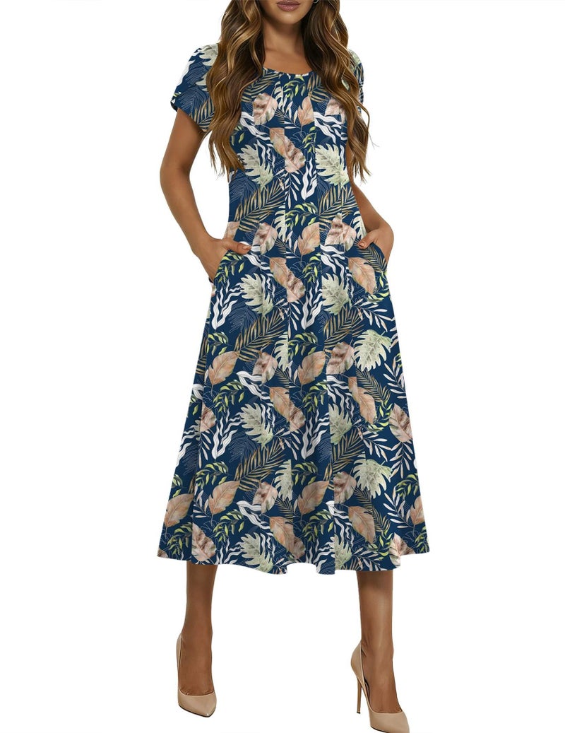 HOTOUCH Womens Midi Dress Fit and Flare Dress Long Beach Dresses Boho Summer Dresses 2026 Hawaiian Sundress Printed, Boho Leaf Print,XL - Image 1