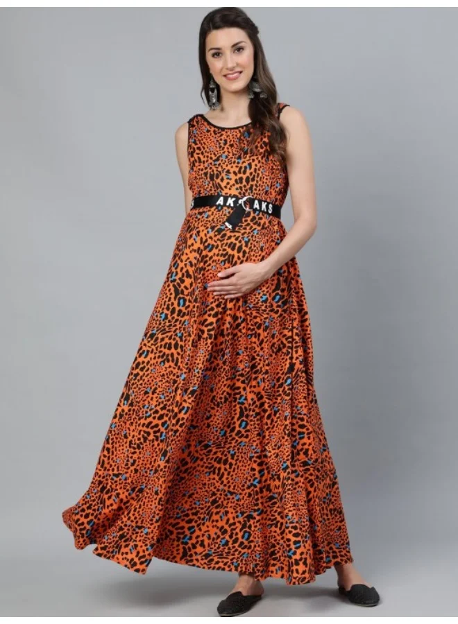 أيه كيه إس Orange & Black Animal Printed Maternity Maxi