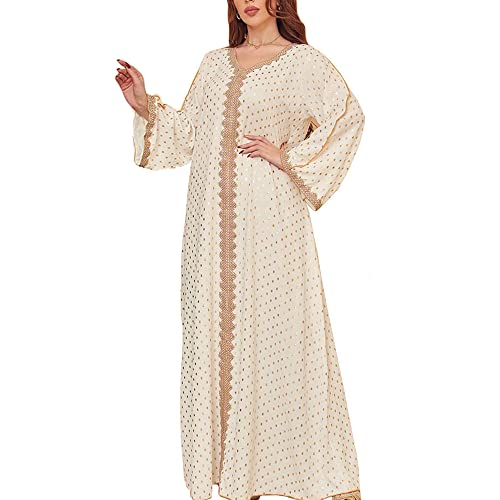 FPOVFPO Womens Muslim Abaya Dress One-Piece V Neck Bronzing Dress Islamic Full Length Kaftan Daily Casual Dress White - Image 1